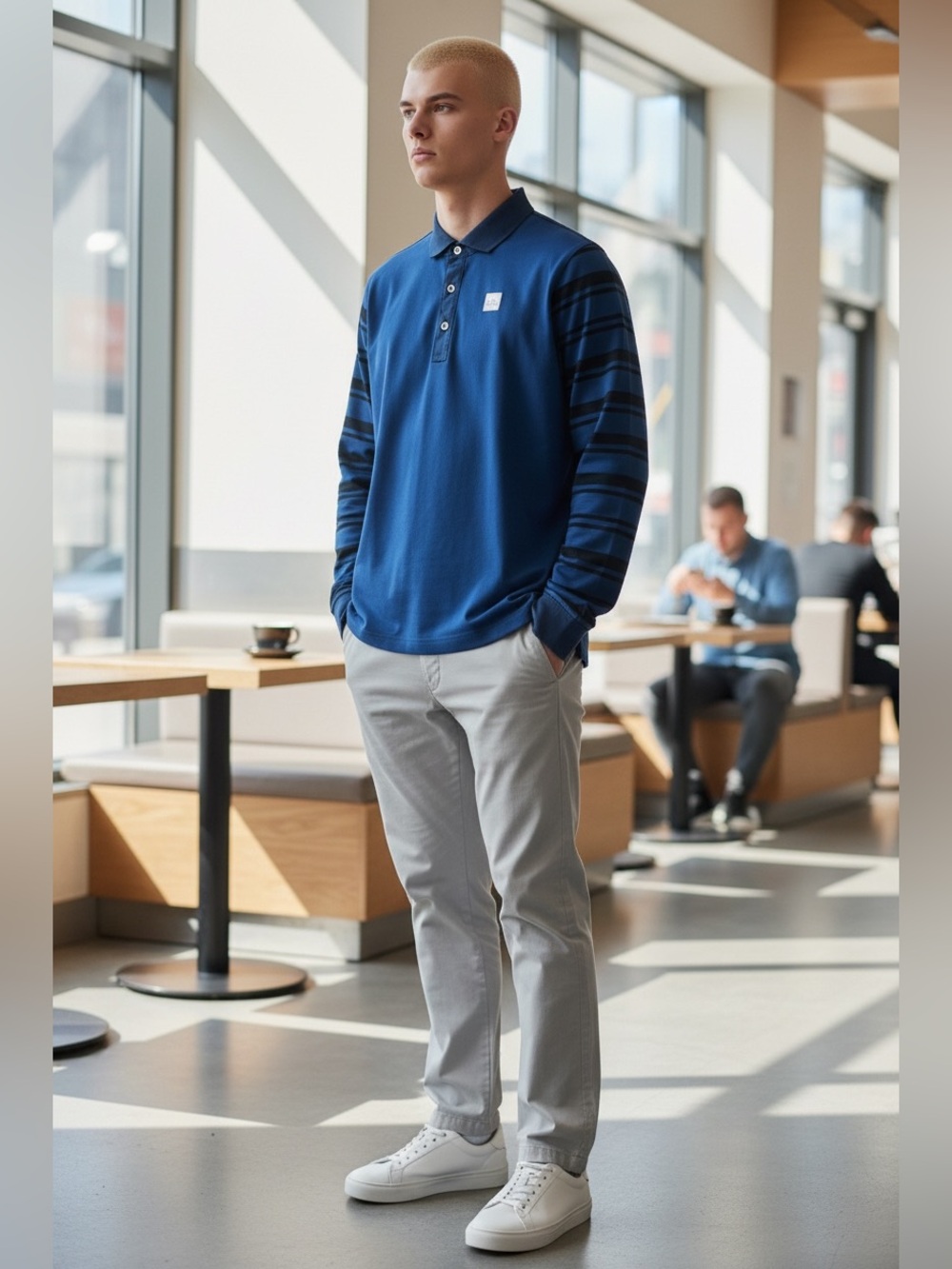 Lanvin Blue Long Sleeve Polo with Striped Navy Sleeves
